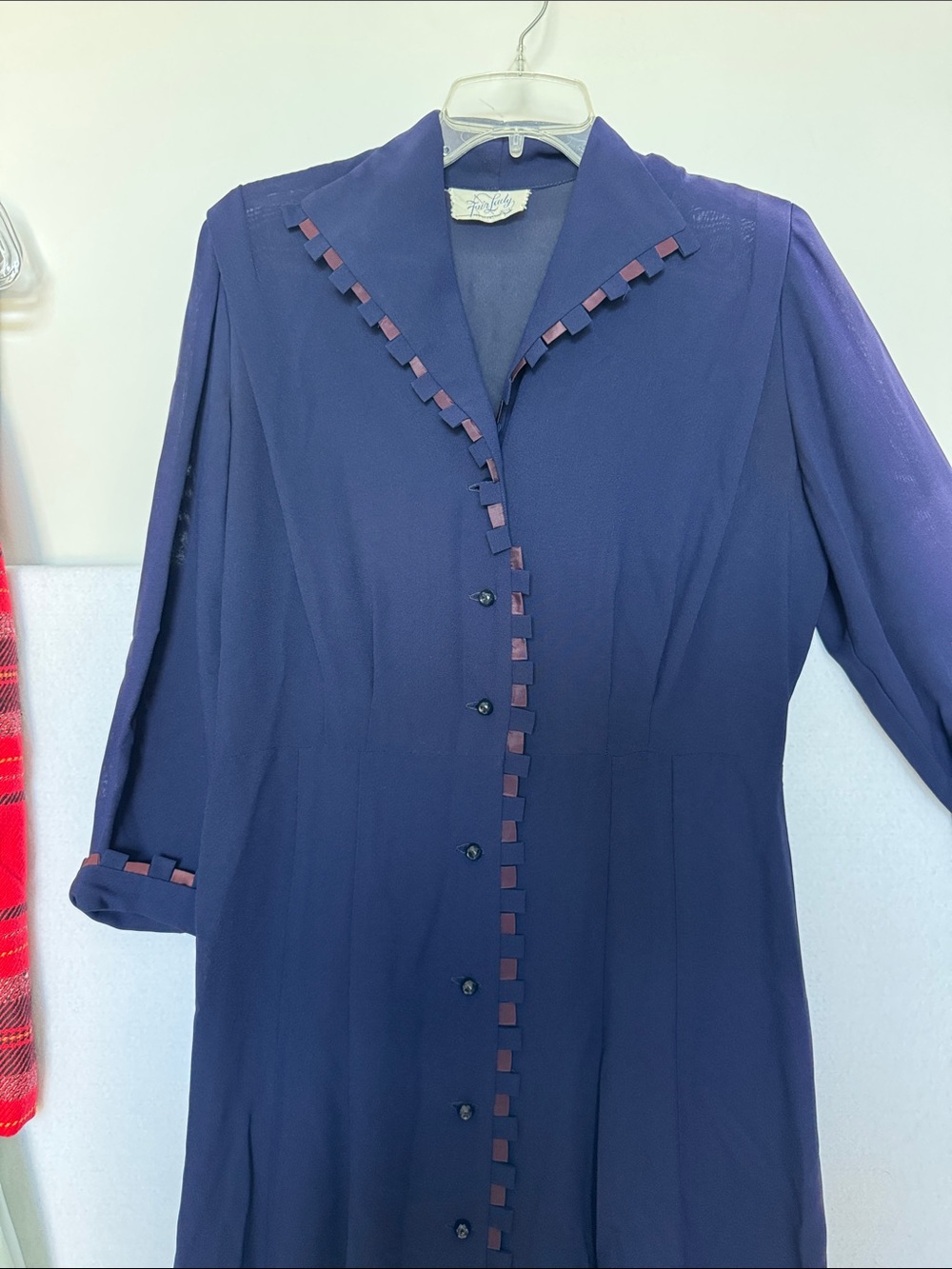 1950s Fair Lady Navy Crepe Button-Front Dress w/ Ribbon Trim medium - Picture 16 of 16